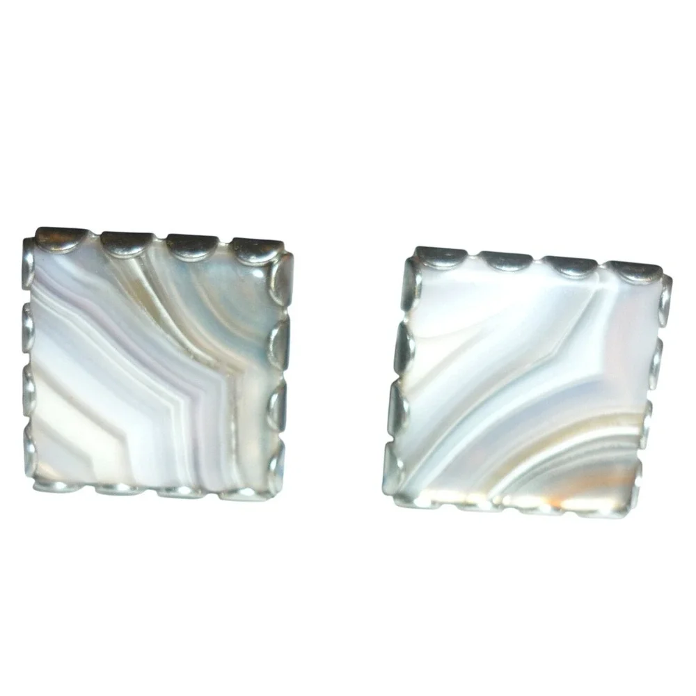 Vintage Swank Signed Banded Agate Square Cufflinks Pat Pend Mid Century